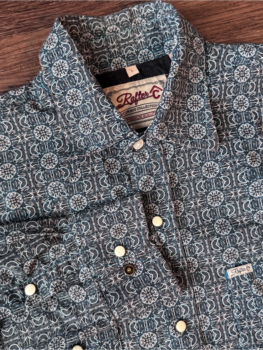 Rafter C Cowboy Mens LS Shirt Mens Large Blue Medallion Pearl Snap Western Rodeo